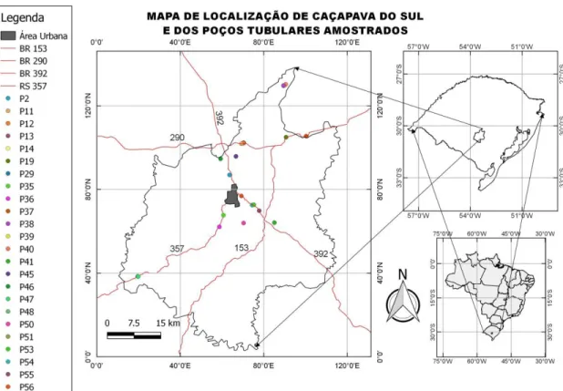Figura 1: Mapa de localização de Caçapava do Sul e dos poços tubulares  amostrados. 