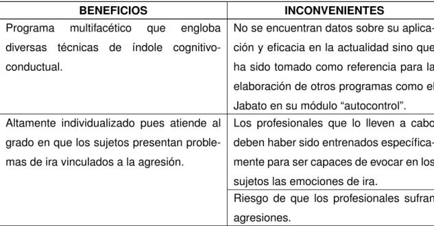 Tabla 8: Beneficios e inconvenientes programa del control de la ira de Novaco.