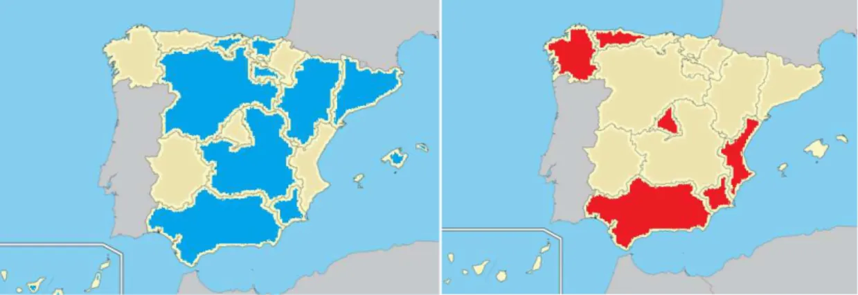 Gráfico 3. Se muestran las Comunidades Autónomas que emplean el SET-MAT en azul y en  rojo la que emplean el MTS