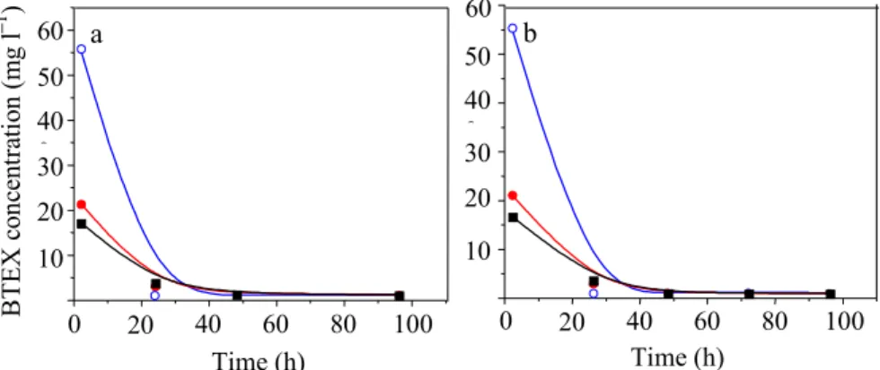 Figure 3. Kinetics of BTEX biodegradation. (a) Microbial association; (b) Rhodococcus ruber 2B strain