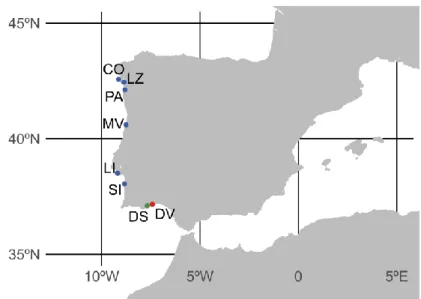 Figure  1.  Map  showing  the  location  of  the  sampled  Donax  localities.  Blue:  D