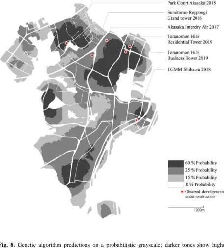 Fig.  8.  Genetic  algorithm  predictions  on  a  probabilistic  grayscale;  darker  tones  show  higher  probability  for  new  high-rise  developments  over  130  m  to  occur;  dots  represent  high-rise  buildings already planned to be completed during