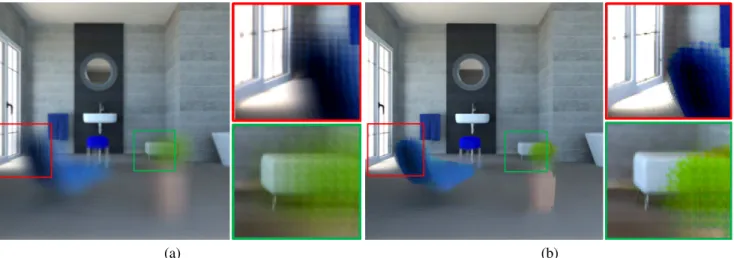 FIGURE 1. Bathroom image focused at a depth of 710 cms from the camera array. In (a) we see the result obtained with the average criterion of the EIs contributing for each pixel position, while in (b) we can see the same result using the median criterion.
