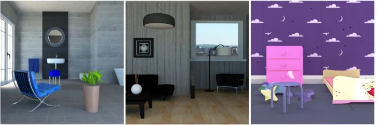 FIGURE 4. Synthetic scenes used in the work. From left to right: Bathroom, Living-room and Toysroom.