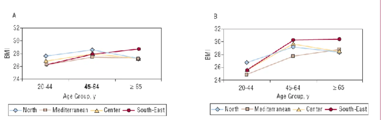 Figure 1. Distribution of the mean values of body mass index (BMI) by sex, age, and geographic area