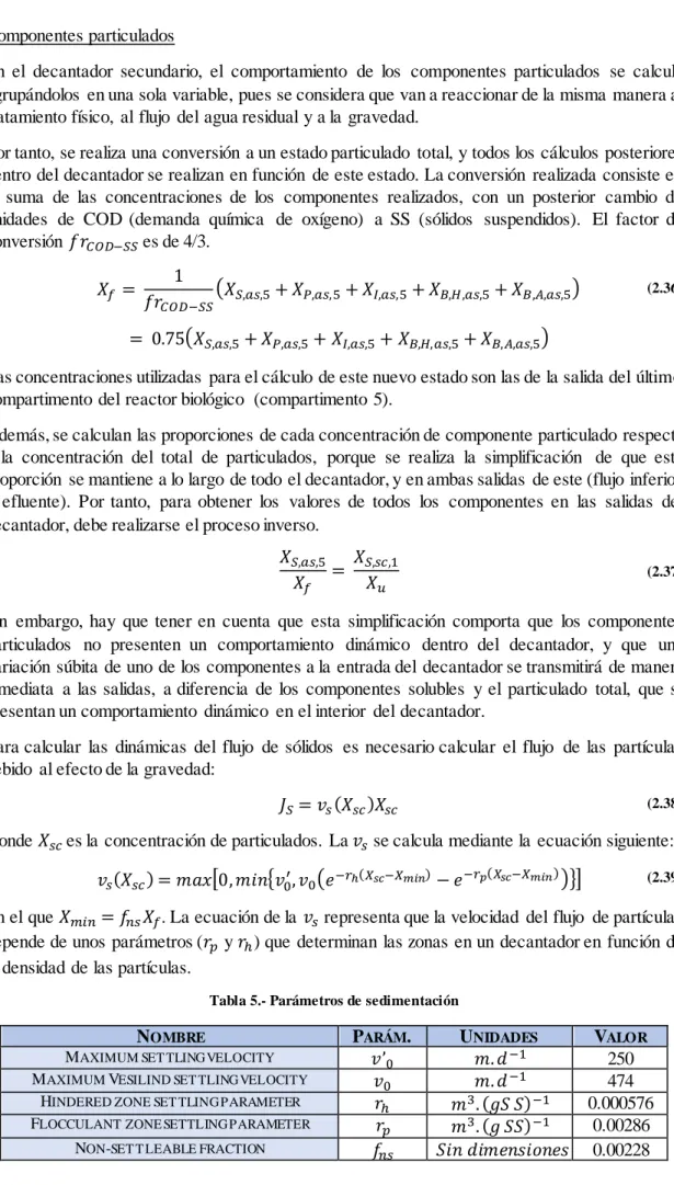 Tabla 5.- Parámetros de sedimentación 