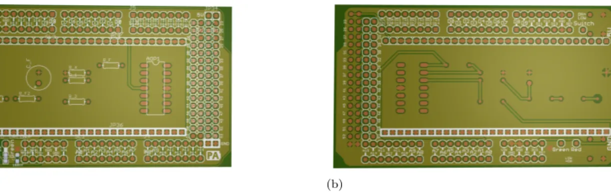 Figure 6.18: PCB board without the components. At left, the top side of the board. At right, the bottom part.