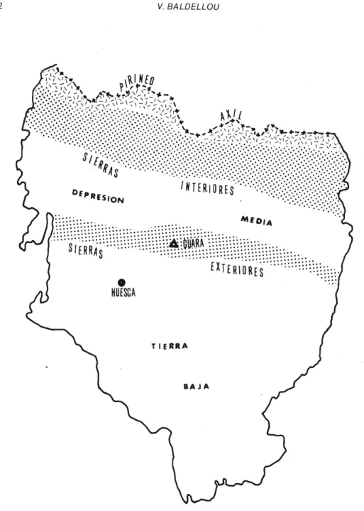 Fig. 1 - Esquema orográfico de la provincia de Huesca, con la situación de la Sierra de Guara