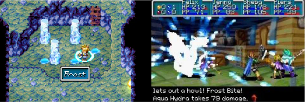 Figure 3: Screenshot from Golden Sun using their abilities in and off battle. Images from Internet  