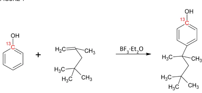 Figure 1. Synthesis pathway of labeled  13 C 1 -4-tert-octylphenol( 13 C 1 -OP). 