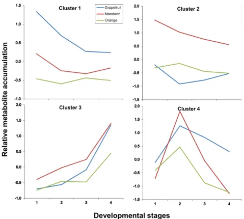 Figure 6. Cluster analysis of metabolite accumulation trends throughout developmental stages after  maSigpro analysis (see Materials and Methods in section 3) in citrus pulp tissues