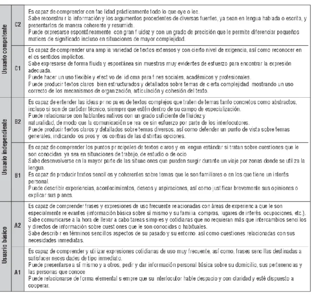 Tabla 1: Niveles comunes de referencia: escala global 