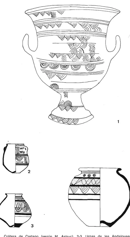 Fig. 1. Cratera de Cartago (según M. Astruc). 2-3, Urnas de les Andalouses (según Vuillemot)