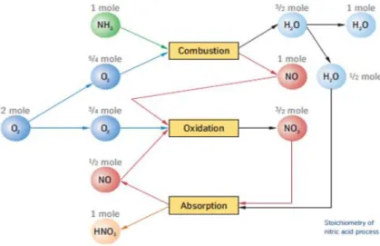 Figura 4.6 Estequiometría global de las reacciones de una planta de producción de ácido nítrico 