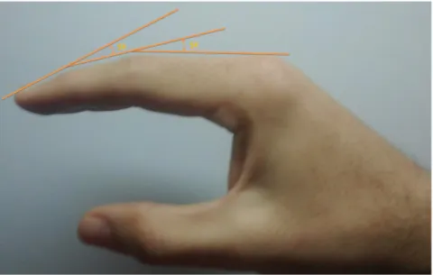 Figura 5.12. Imagen de una mano real en posición natural un poco flexionada, con los ángulos  relativos representados