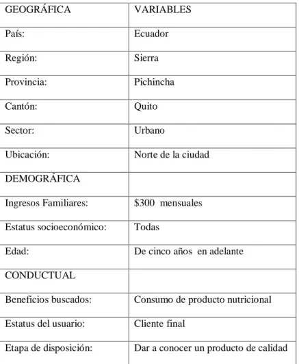 Tabla 6  Segmentación de Clientes  GEOGRÁFICA  VARIABLES  País:  Ecuador  Región:  Sierra  Provincia:  Pichincha  Cantón:  Quito  Sector:  Urbano 