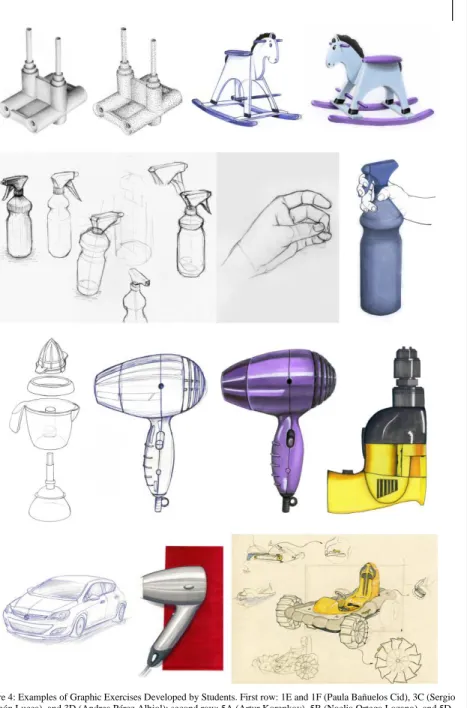 Figure 4: Examples of Graphic Exercises Developed by Students. First row: 1E and 1F (Paula Bañuelos Cid), 3C (Sergio  Ramón Lucea), and 3D (Andrea Pérez Albiol); second row: 5A (Artur Korenkov), 5B (Noelia Ortega Lozano), and 5D  (Andrea Pérez Albiol); thi