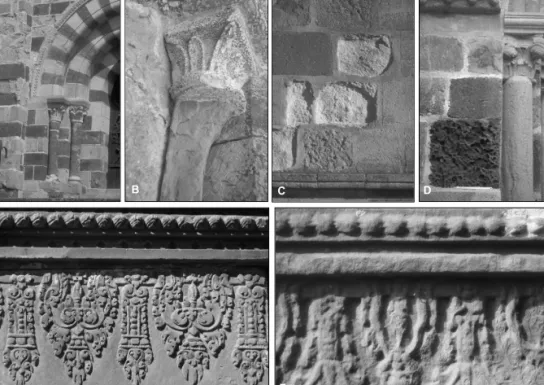 Fig. 8. Selective weathering in Mediaeval monuments: examples from Massif Central churches and Angkor  temples