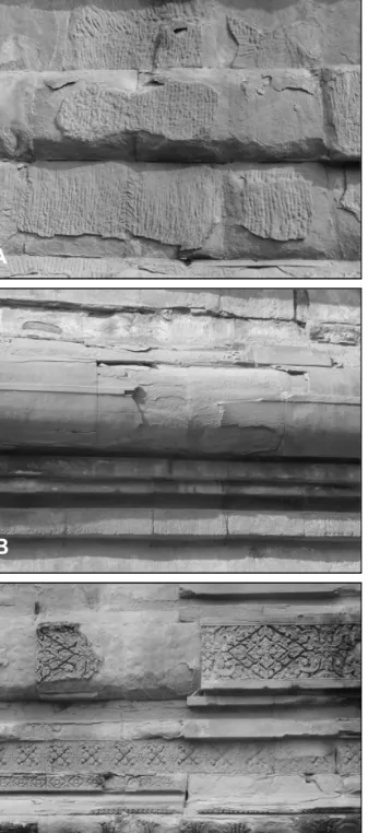 Fig. 11. Three types of stone finish on  sandstone facings of the central  pyra-mid of Ta Keo temple, Angkor
