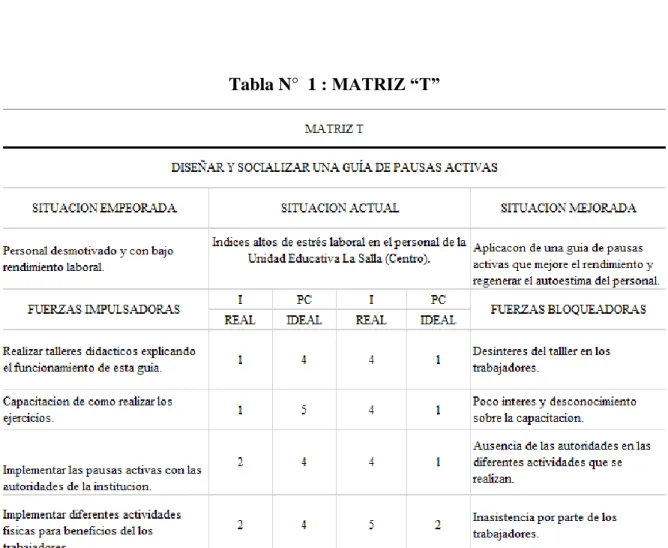 Tabla N°  1 : MATRIZ “T” 