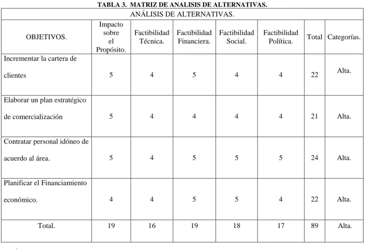 TABLA 3.  MATRIZ DE ANALISIS DE ALTERNATIVAS. 