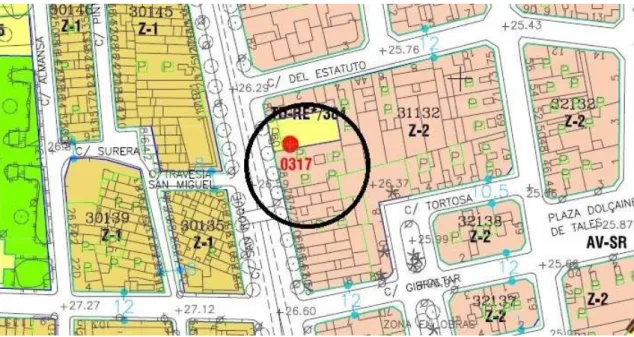 Figura  6. Enlace  del  plano guía  volumetría  por manzanas  en  la  imagen  se  puede ver  la  parcelación  de  las  diferentes zonas de la ciudad, en el caso del edificio en estudio la manzana correspondería a la MZ05 