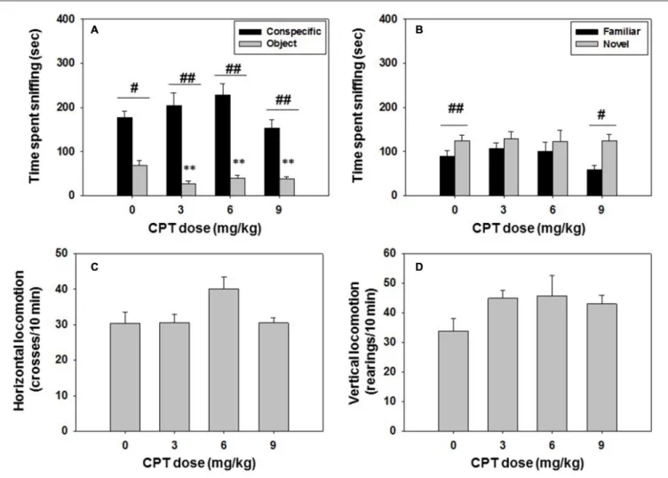 FIGURE 5 | Effect of Cyclopentyltheophylline (CPT) in the social preference and recognition tests