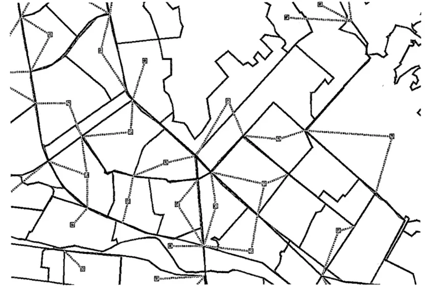 Gráfico 3.6  Zonificación  y  red  de transporte de una área urbana.  En  este gráfico se observa todos los elementos de una red  de  transporte