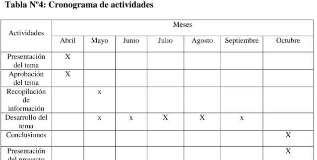 Tabla Nº4: Cronograma de actividades 