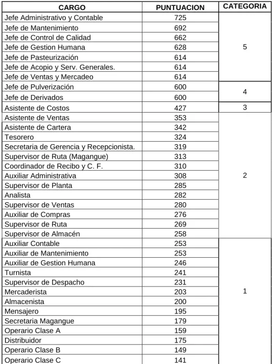 Tabla  7. Categorización de Cargos 