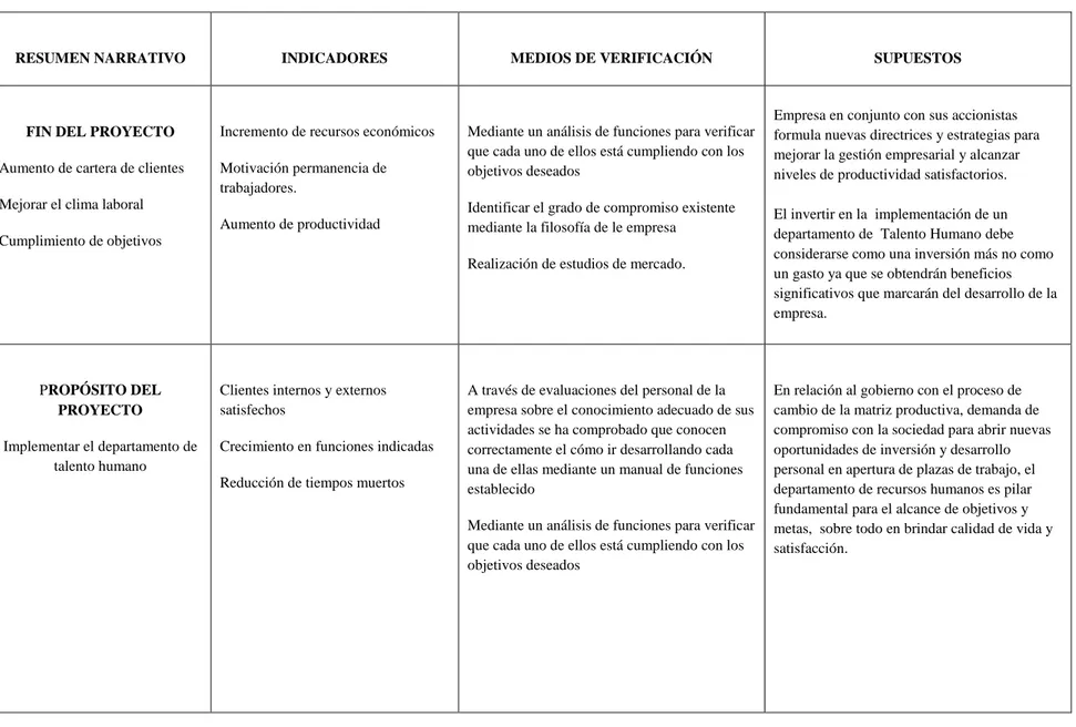 Tabla 05 MARCO LÓGICO 