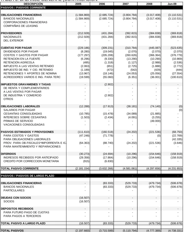 TABLA 6. BALANCE GENERAL (CONTINUACIÓN 