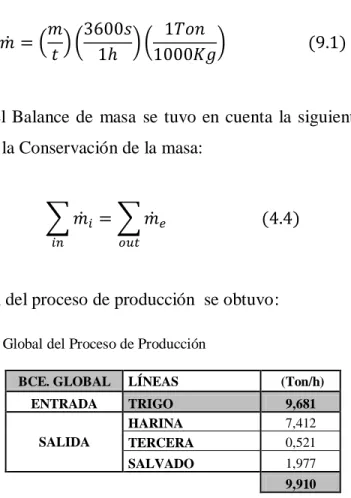 Tabla 9. Balance de masa Global del Proceso de Producción