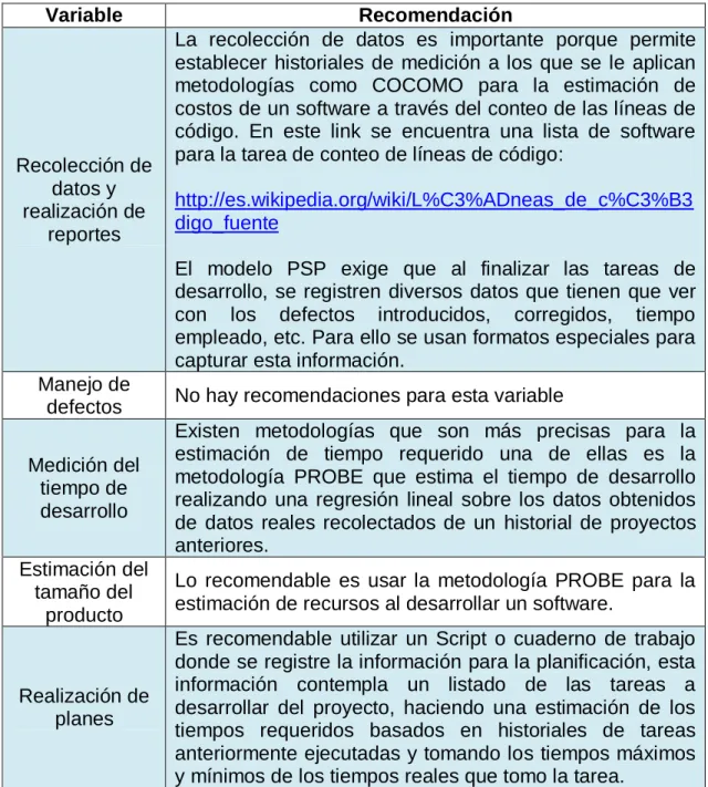 Tabla 13: Recomendaciones para Palmerasoft SAS en el modelo PSP. 
