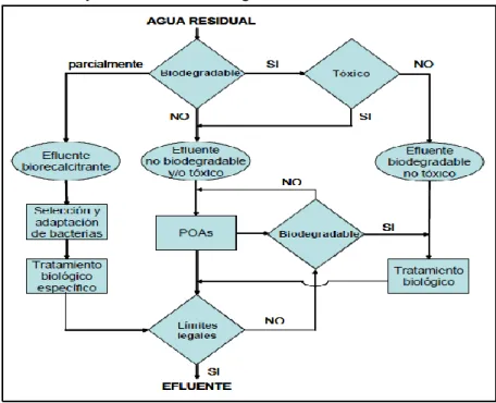 Figura 1. Estrategia de tratamiento de aguas residuales teniendo en cuenta la  combinación de PAOs y tratamientos biológicos