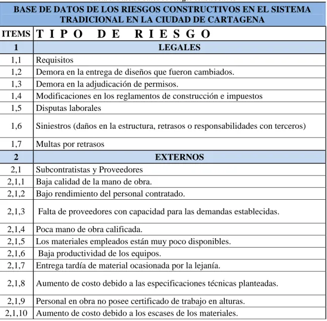 Tabla 5. Base de datos de riesgos constructivos  
