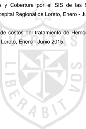 Tabla N° 1.  Estructura del Costo de Hemodiálisis por mes realizadas  en el Hospital Regional de Loreto, Enero - Junio 2015