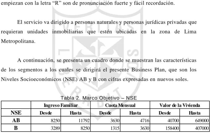 Tabla 2. Marco Objetivo – NSE 