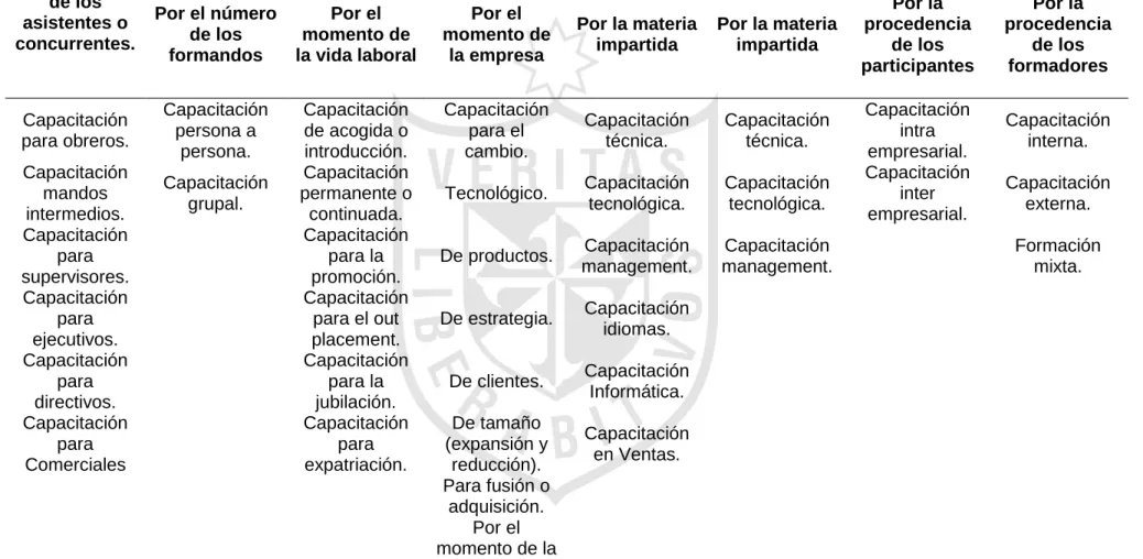 Tabla 4 Tipificación de formación al personal  Fuente: Puyol 2007Por el nivel de los asistentes o concurrentes