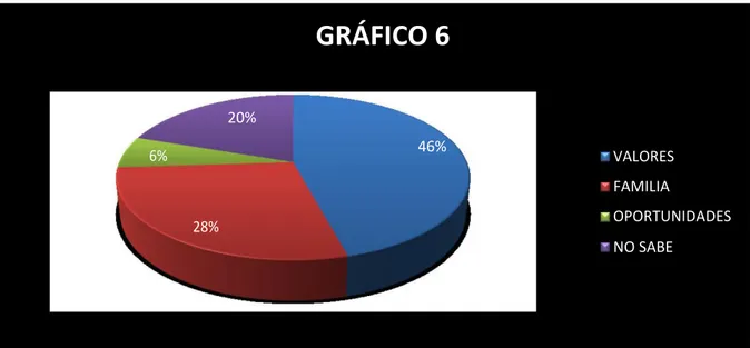 GRÁFICO 6  20%  6%  46%  VALORES  FAMILIA  28%  OPORTUNIDADES  NO SABE 