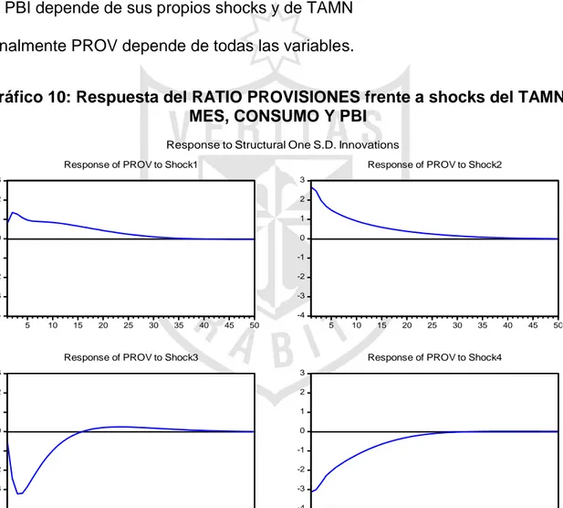 Gráfico 10: Respuesta del RATIO PROVISIONES frente a shocks del TAMN,  MES, CONSUMO Y PBI 