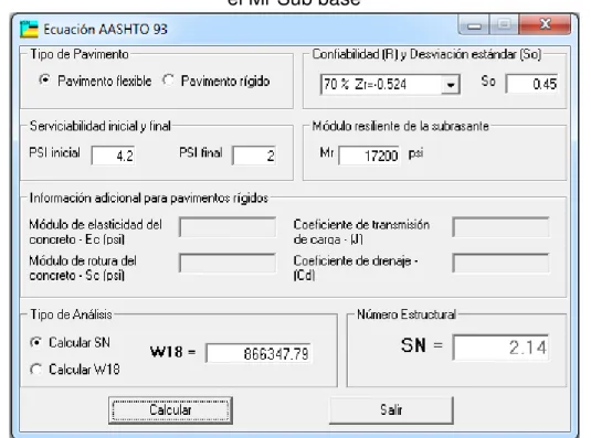 Figura 27. Determinación de SN de carpeta asfáltica + base. Se calcula con  el Mr Sub base 