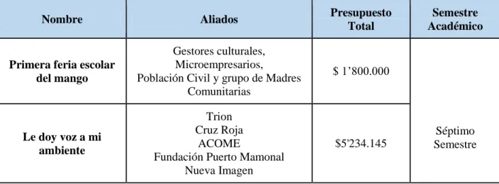 Tabla 14: Aliados y recursos de los proyectos 