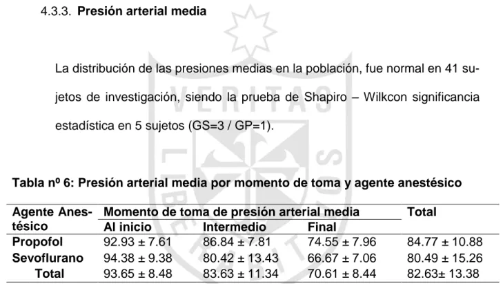 Tabla nº 6: Presión arterial media por momento de toma y agente anestésico  Agente 