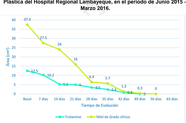 Gráfico N°03. Variación del área en función del tiempo de evolución de las  úlceras cutáneas, en los pacientes admitidos en el servicio de Cirugía  Plástica del Hospital Regional Lambayeque, en el periodo de Junio 2015 – 