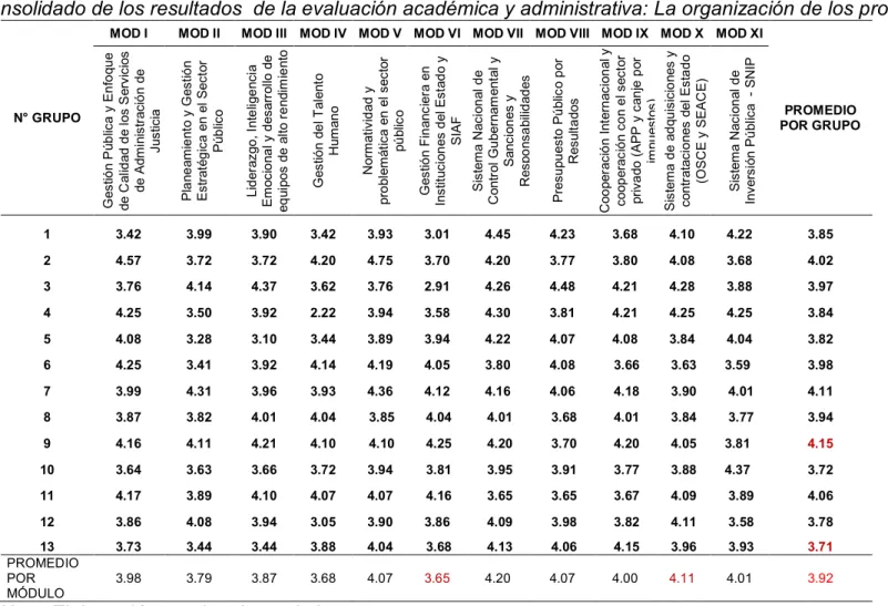 Tabla 5: Consolidado de los resultados  de la evaluación académica y administrativa: La organización de los programas 