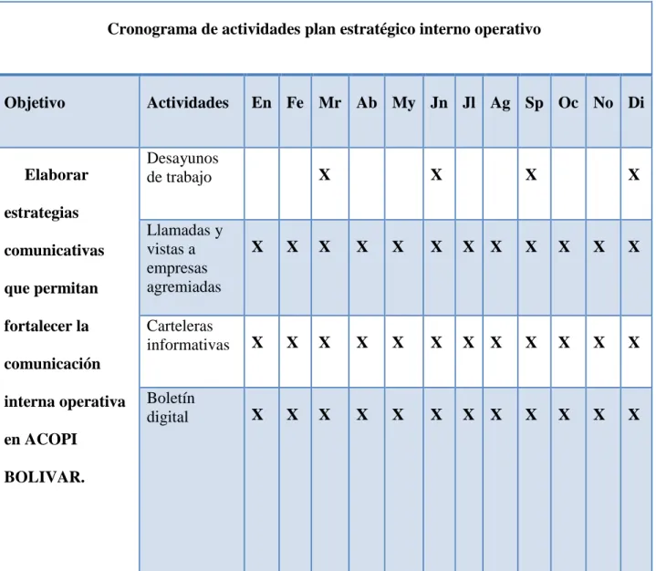 Tabla 6. Cronograma de actividades plan estratégico interno operativo 