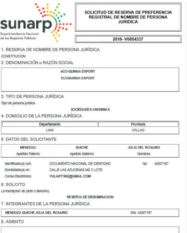 Figura  4 - Formato de Solicitud de reserva de preferencia registral de nombre de persona jurídica  Fuente: SUNARP 