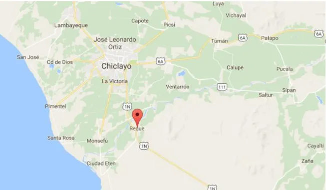 Figura 3.  Ubicación del distrito de Reque, provincia de Chiclayo, región  Lambayeque,   febrero, 2016