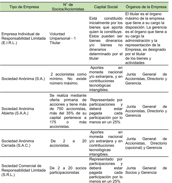 Tabla 7: Modalidades y tipos de empresas 